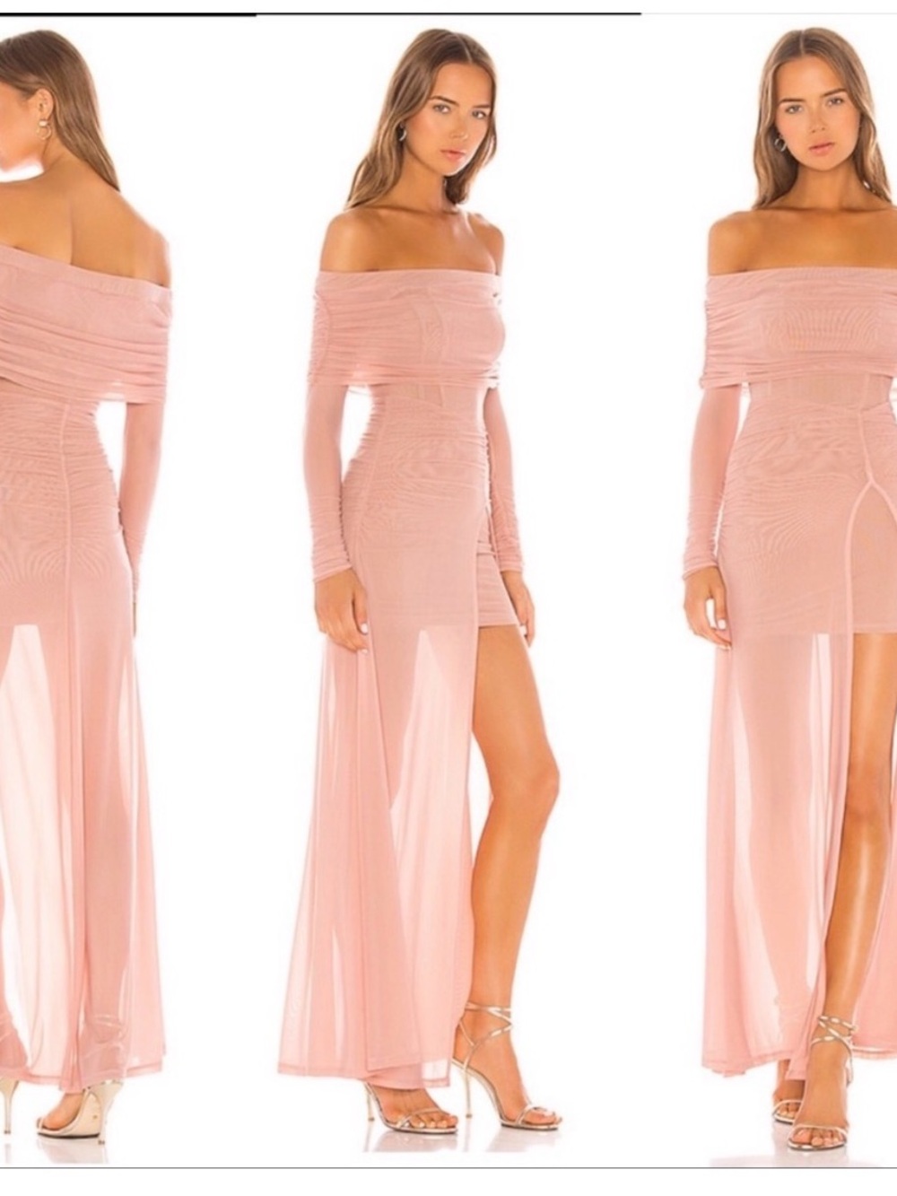 MAJORELLE Hampton Off the Shoulder Dusty Pink Mauve Sheer Maxi Mini Dress